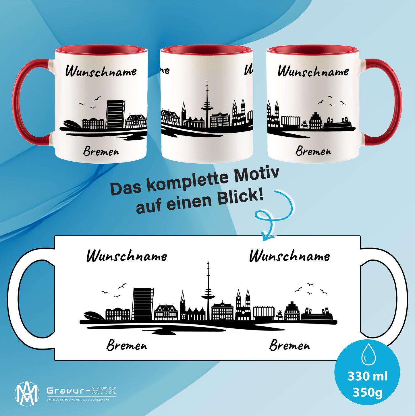 Tasse in Rot 330ml bedruckt mit der Skyline von Bremen personalisierbar mit Wunschname