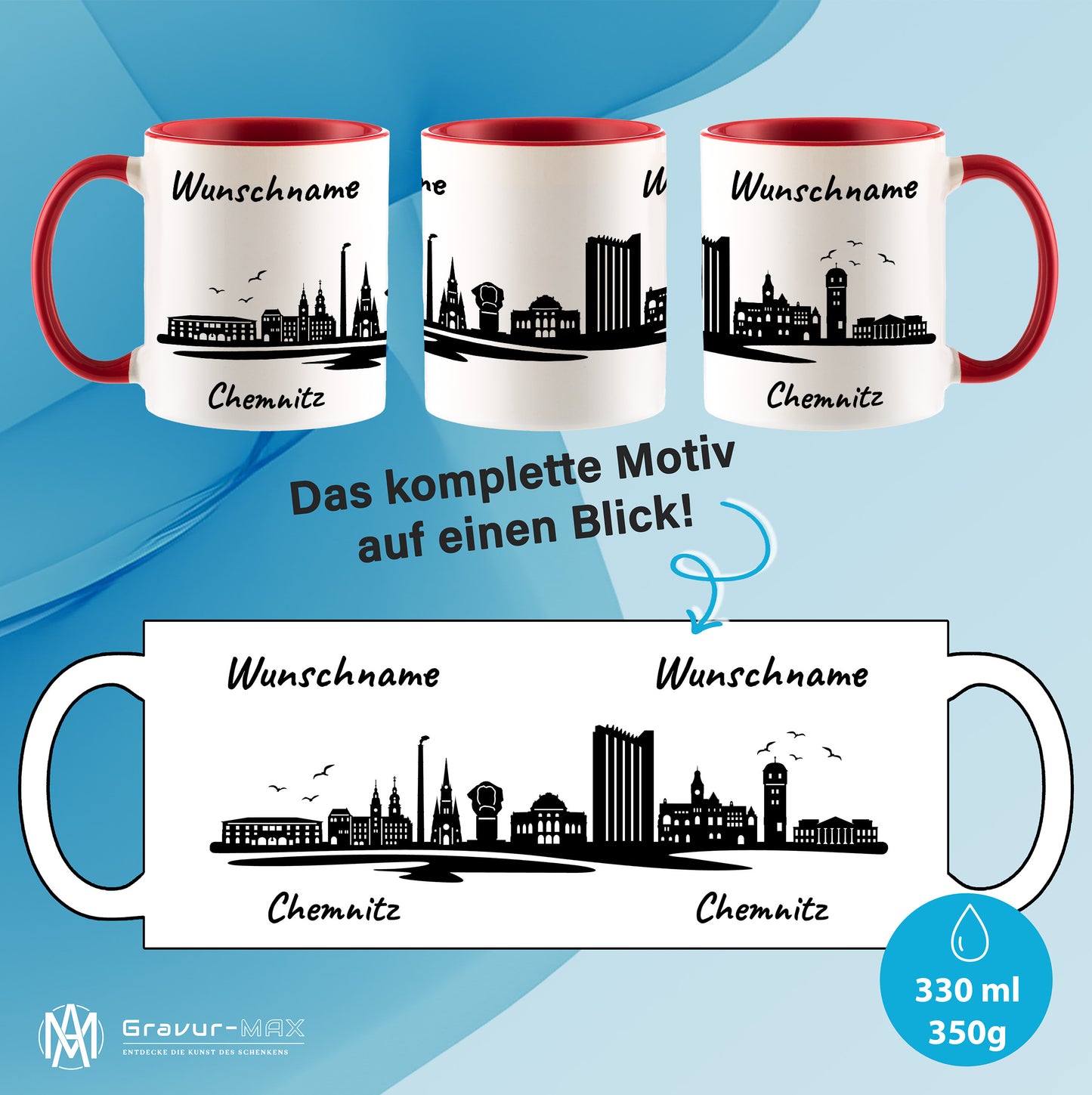 Tasse in Rot 330ml bedruckt mit der Skyline von Chemnitz personalisierbar mit Wunschname