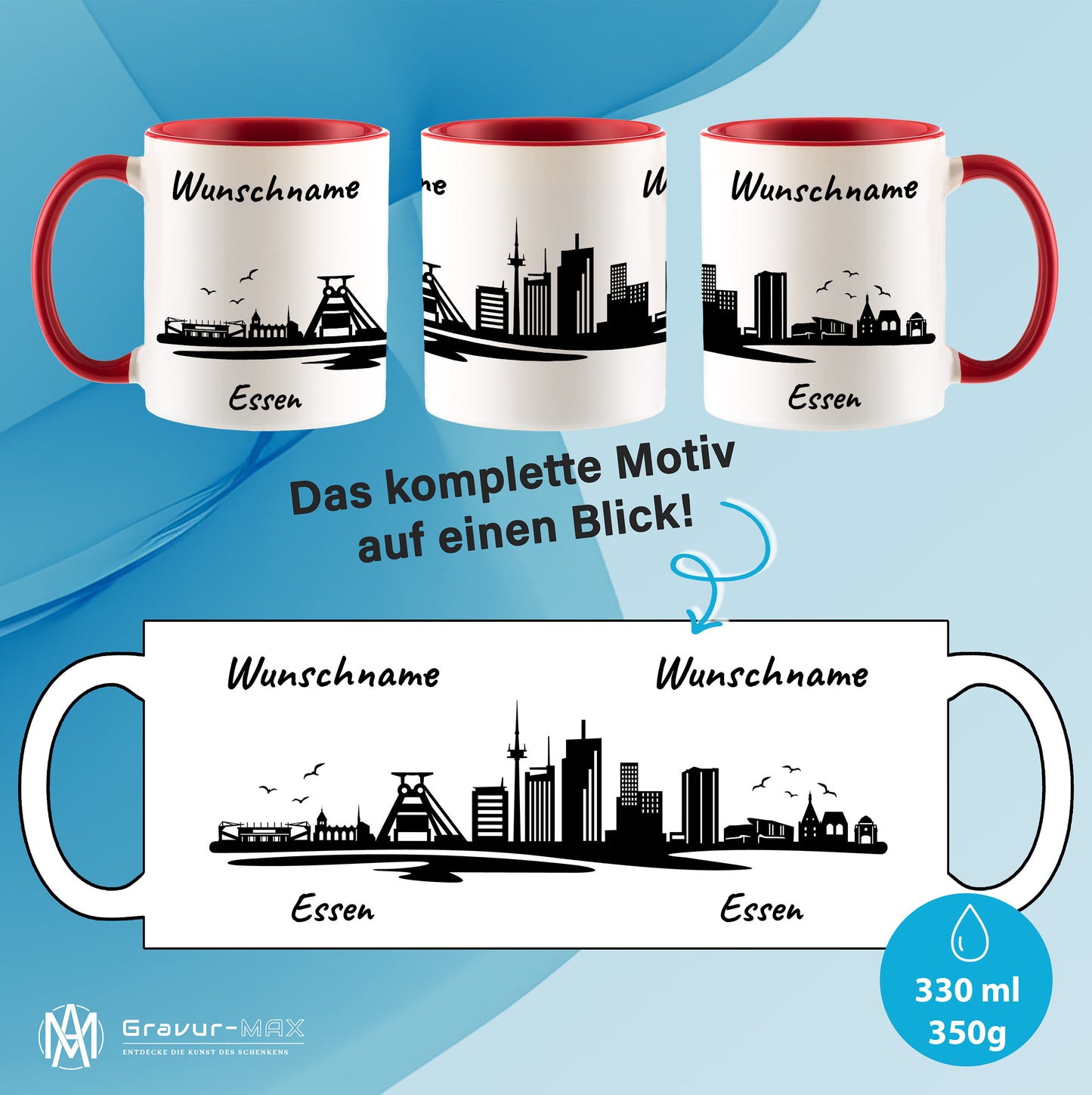Tasse in Rot 330ml bedruckt mit der Skyline von Essen personalisierbar mit Wunschname