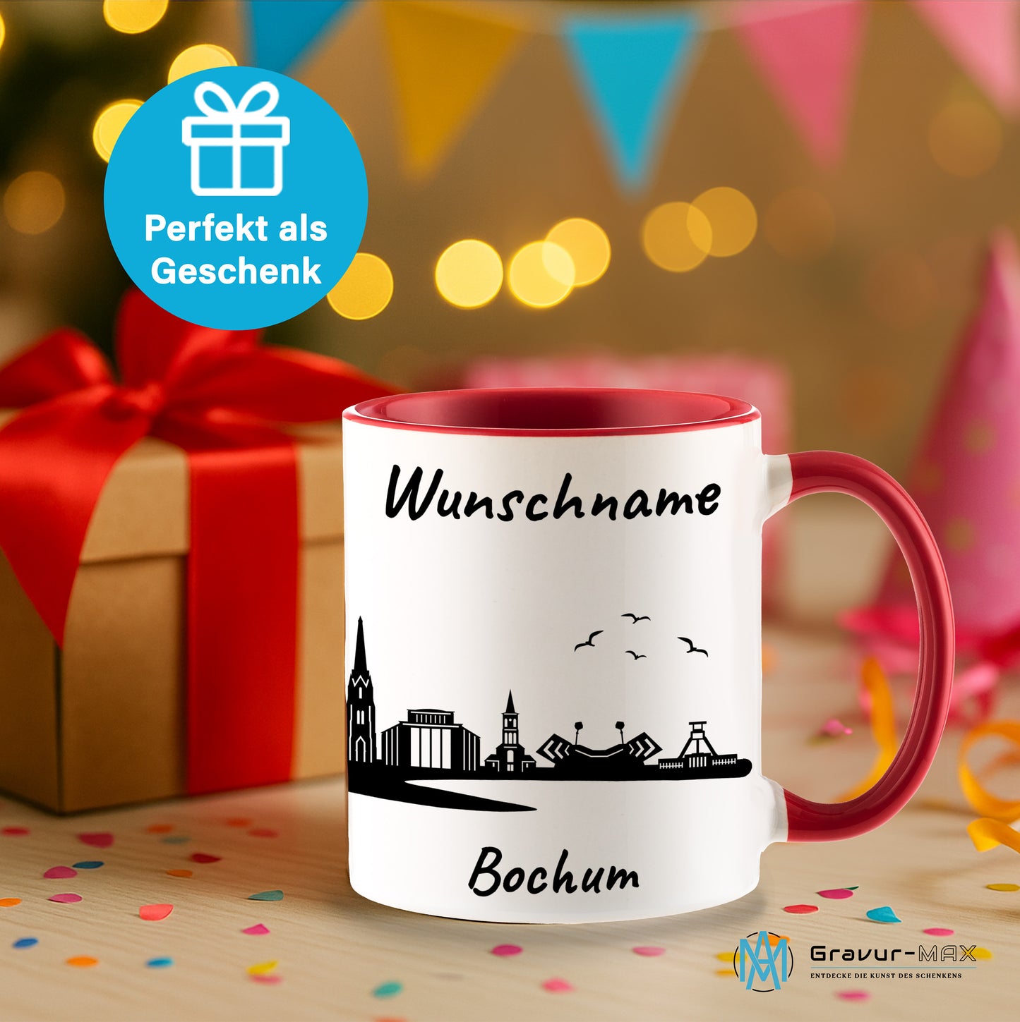 Tasse in Rot 330ml bedruckt mit der Skyline von Bochum personalisierbar mit Wunschname