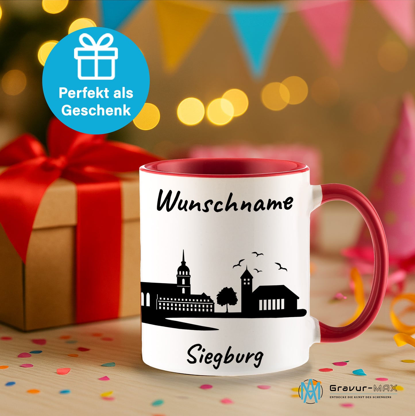 Tasse in Rot 330ml bedruckt mit der Skyline von Siegburg personalisierbar mit Wunschname