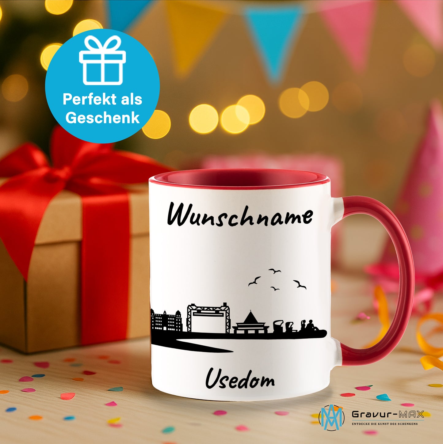 Tasse in Rot 330ml bedruckt mit der Skyline von Usedom personalisierbar mit Wunschname