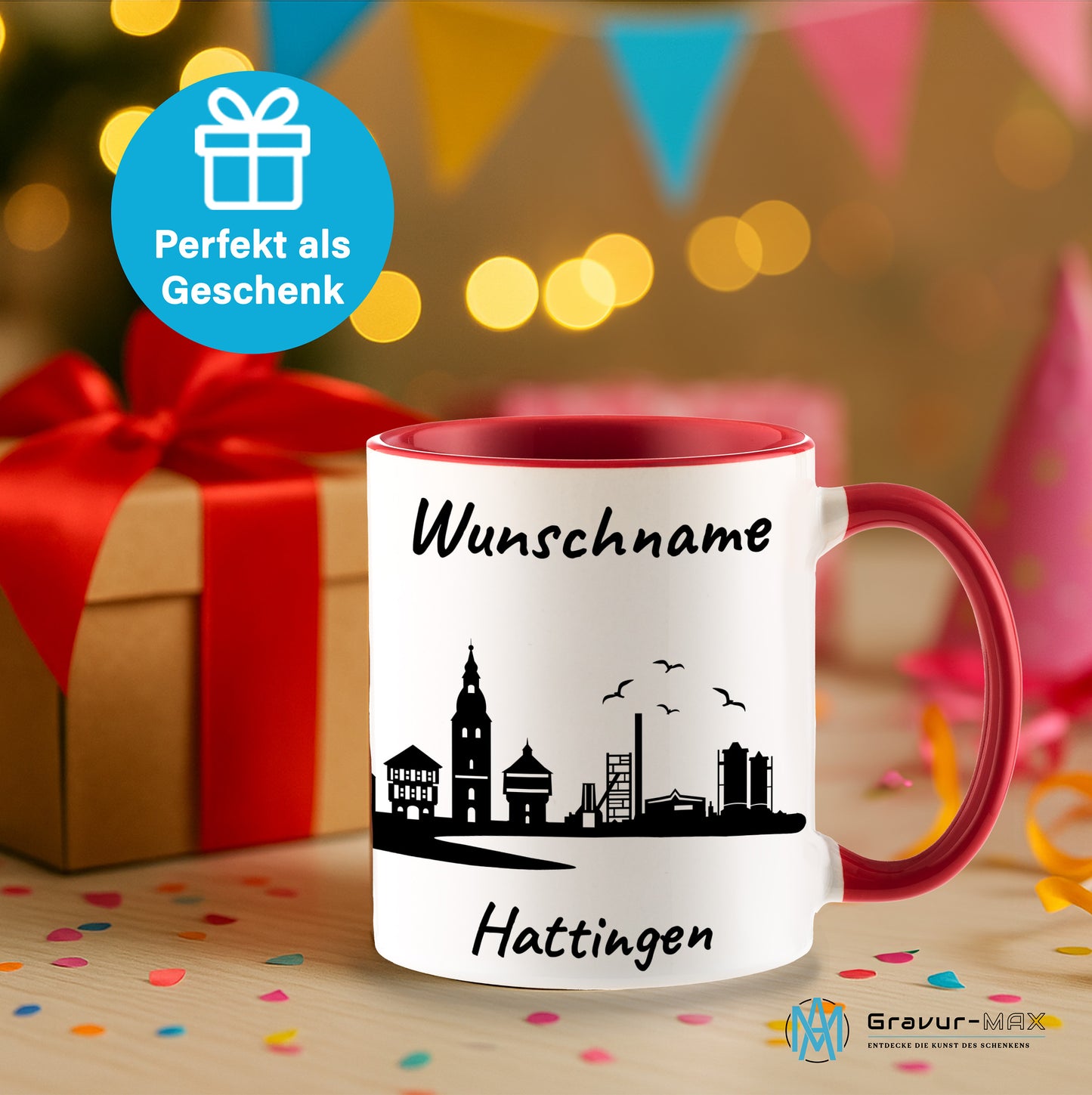 Tasse in Rot 330ml bedruckt mit der Skyline von Hattingen personalisierbar mit Wunschname