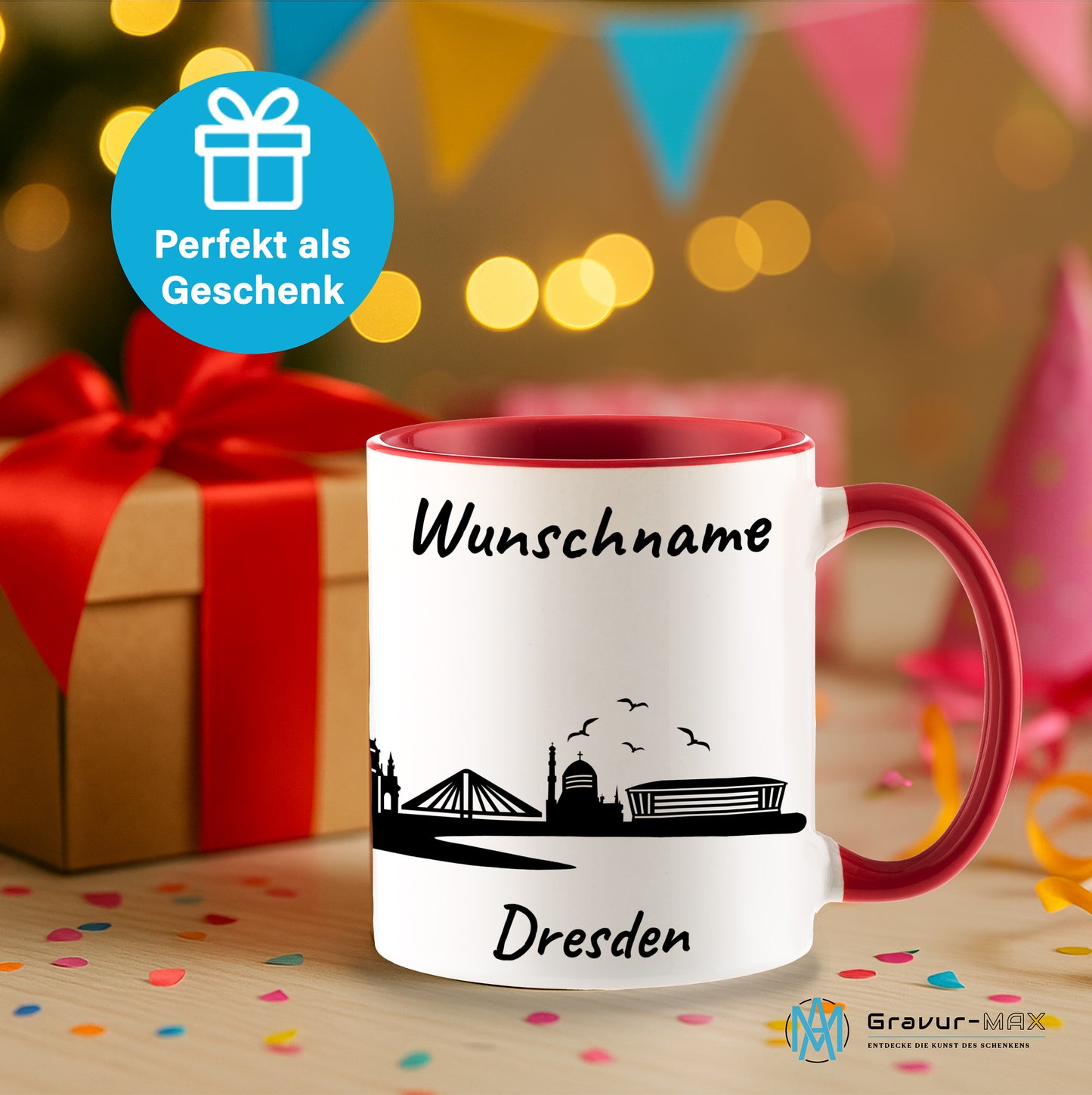 Tasse in Rot 330ml bedruckt mit der Skyline von Dresden personalisierbar mit Wunschname