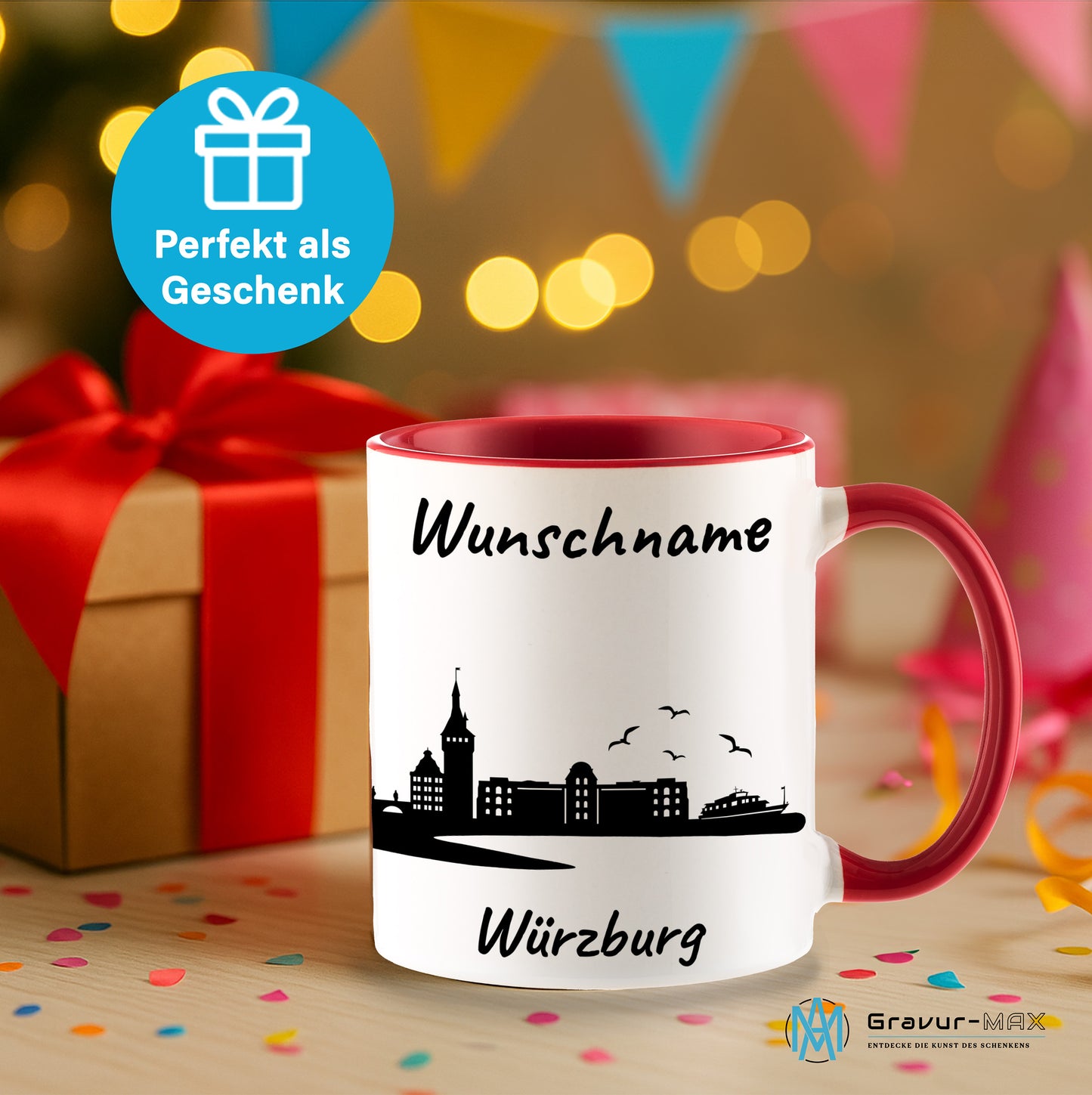 Tasse in Rot 330ml bedruckt mit der Skyline von Würzburg personalisierbar mit Wunschname