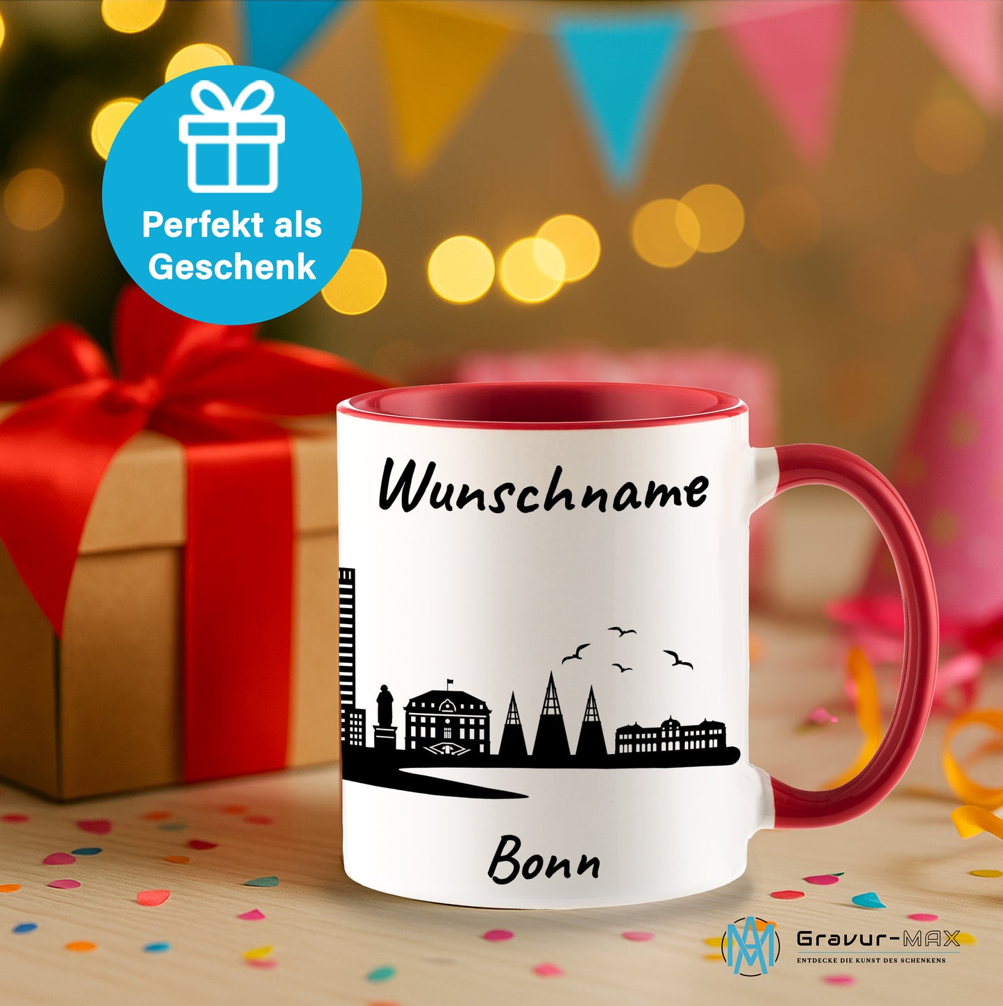 Tasse in Rot 330ml bedruckt mit der Skyline von Bonn personalisierbar mit Wunschname