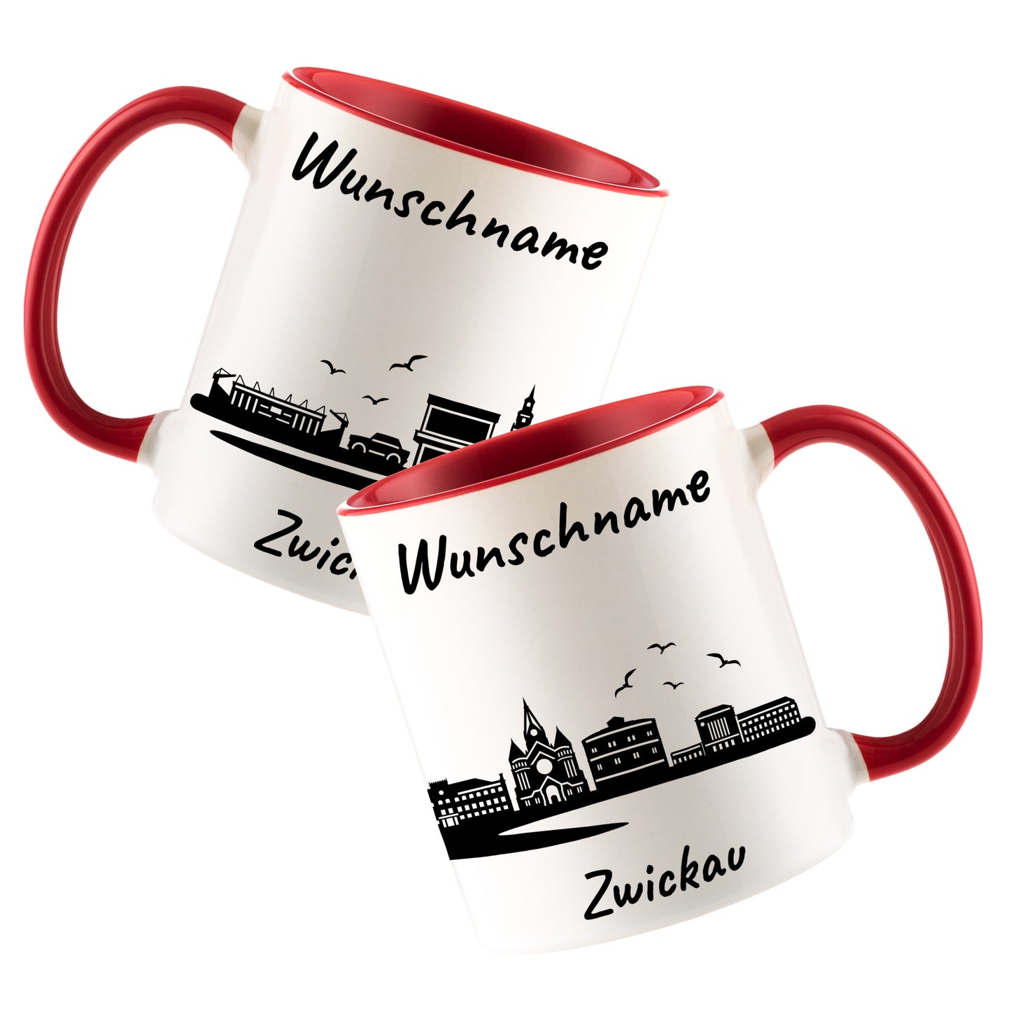Tasse in Rot 330ml bedruckt mit der Skyline von Zwickau personalisierbar mit Wunschname