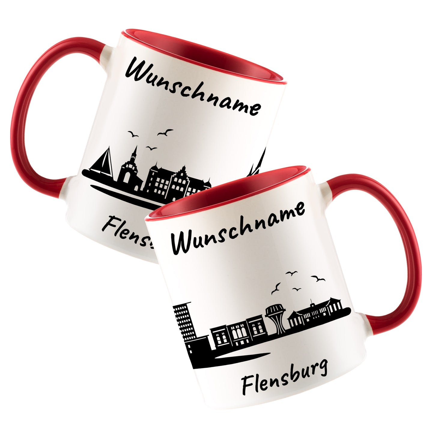 Tasse in Rot 330ml bedruckt mit der Skyline von Flensburg personalisierbar mit Wunschname