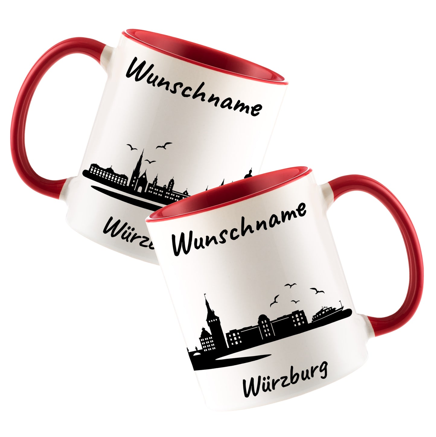 Tasse in Rot 330ml bedruckt mit der Skyline von Würzburg personalisierbar mit Wunschname