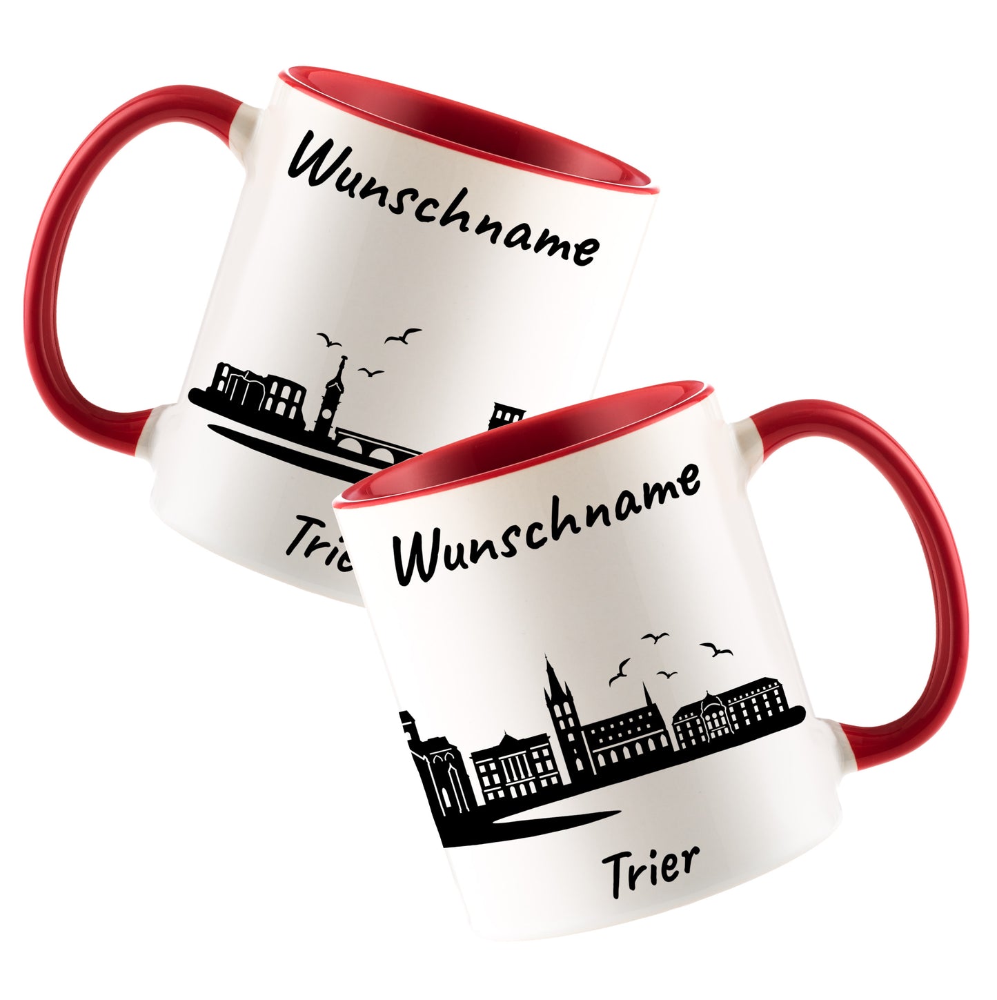 Tasse in Rot 330ml bedruckt mit der Skyline von Trier personalisierbar mit Wunschname