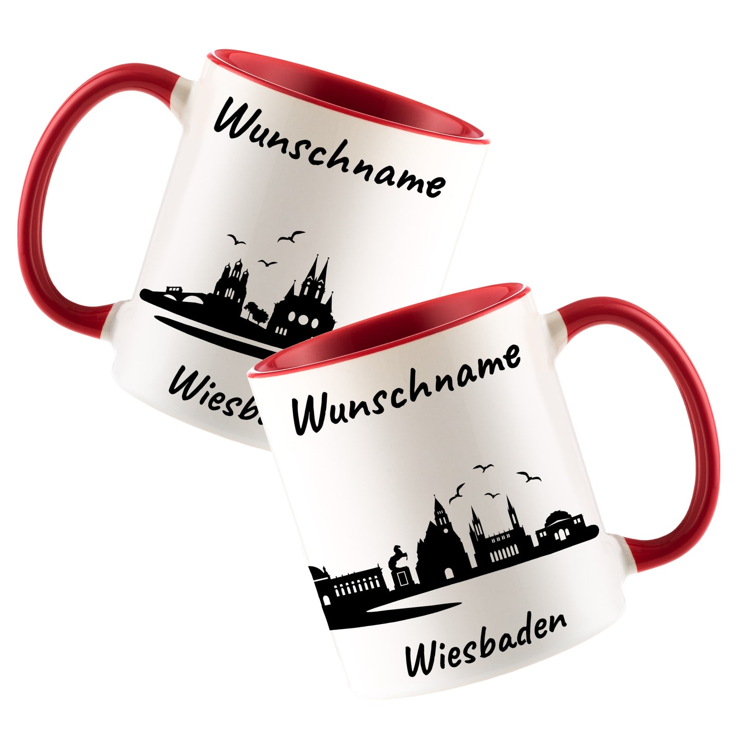 Tasse in Rot 330ml bedruckt mit der Skyline von Wiesbaden personalisierbar mit Wunschname
