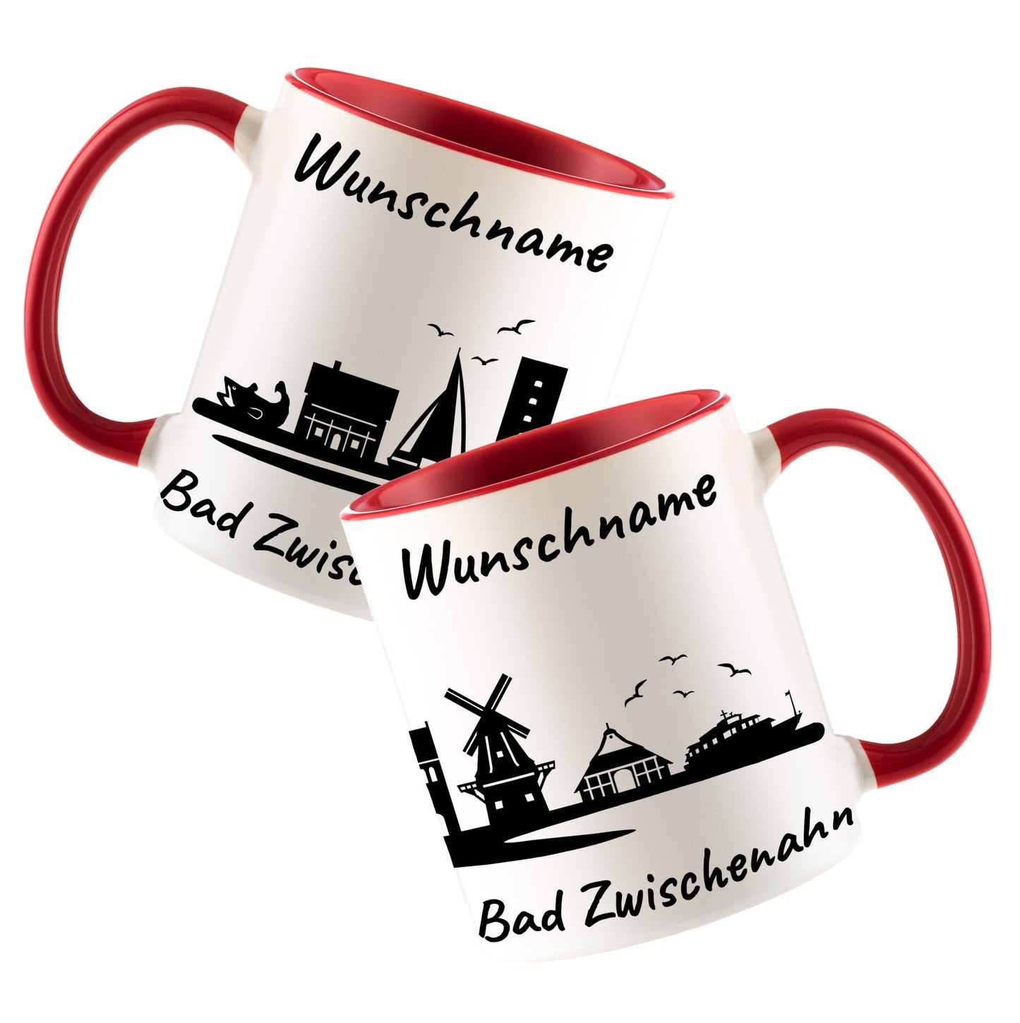Tasse in Rot 330ml bedruckt mit der Skyline von Bad Zwischenahn personalisierbar mit Wunschname