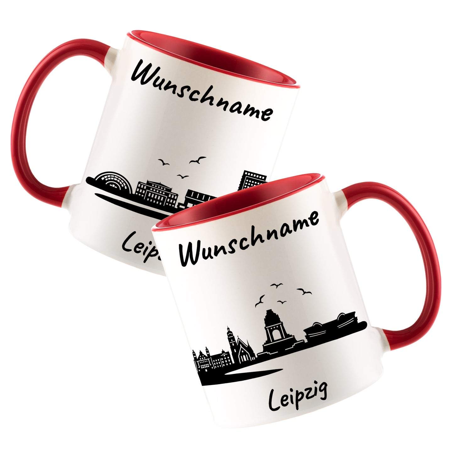 Tasse in Rot 330ml bedruckt mit der Skyline von Leipzig personalisierbar mit Wunschname