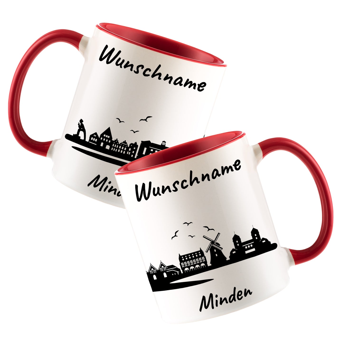 Tasse in Rot 330ml bedruckt mit der Skyline von Minden personalisierbar mit Wunschname