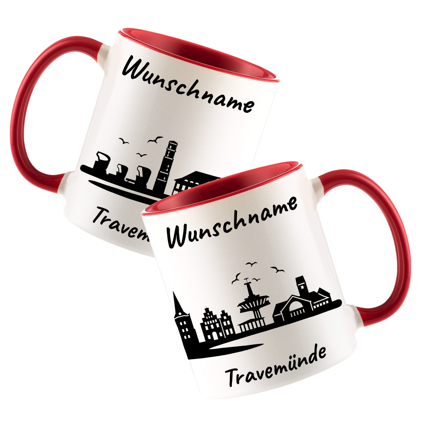 Tasse in Rot 330ml bedruckt mit der Skyline von Travemünde personalisierbar mit Wunschname