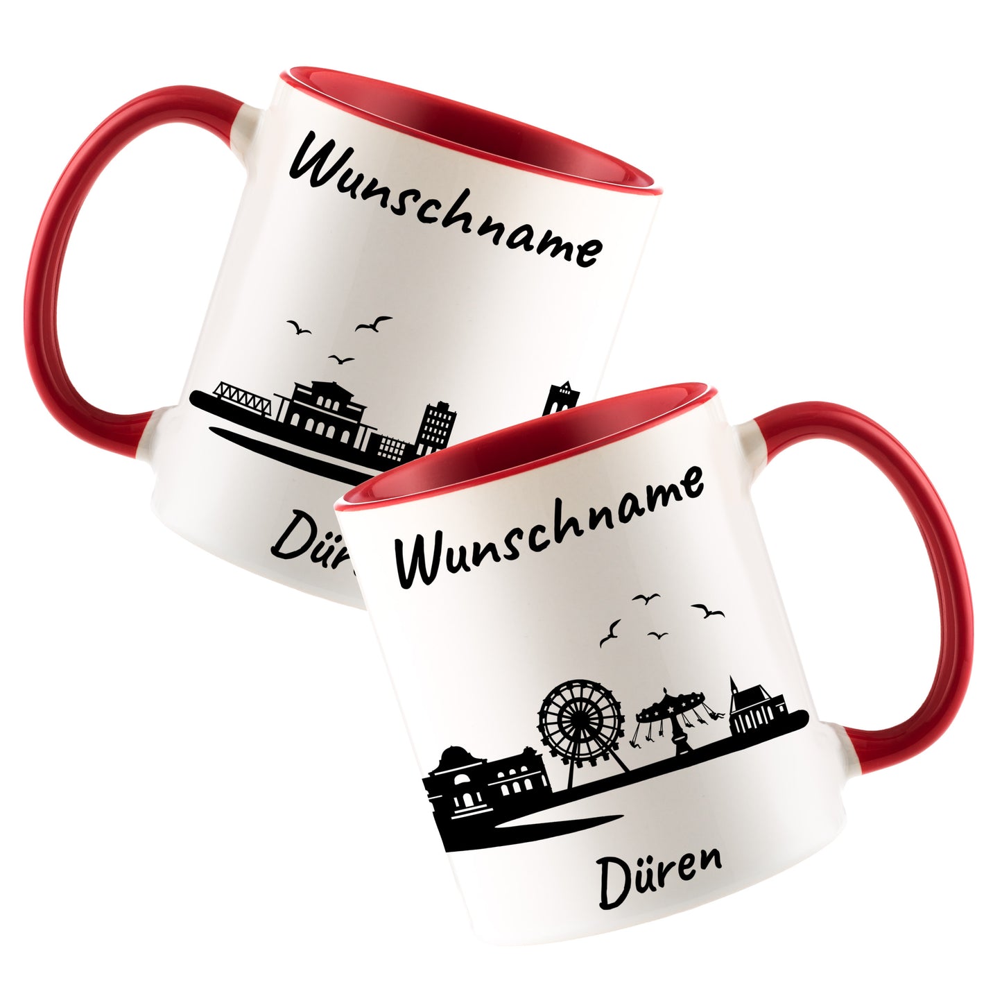 Tasse in Rot 330ml bedruckt mit der Skyline von Düren personalisierbar mit Wunschname