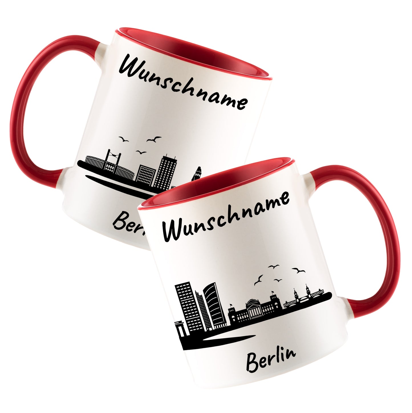 Tasse in Rot 330ml bedruckt mit der Skyline von Berlin personalisierbar mit Wunschname