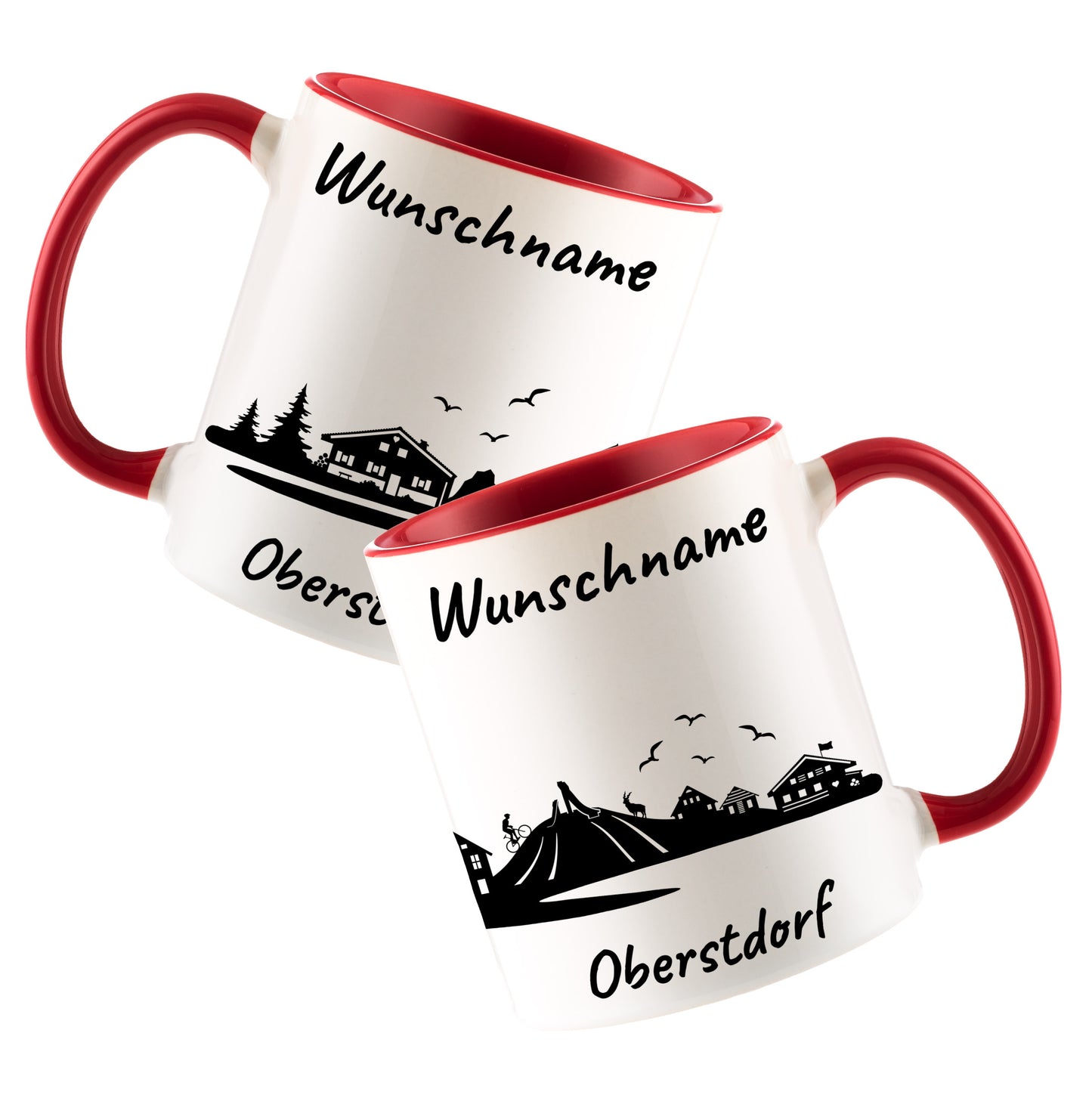 Tasse in Rot 330ml bedruckt mit der Skyline von Oberstdorf personalisierbar mit Wunschname