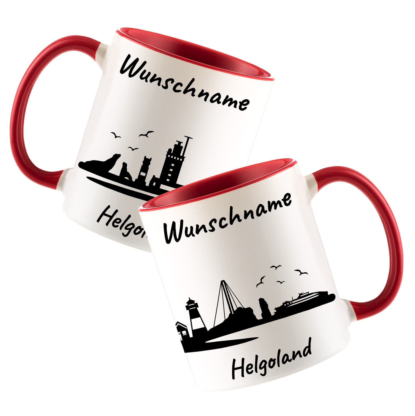 Tasse in Rot 330ml bedruckt mit der Skyline von Helgoland personalisierbar mit Wunschname