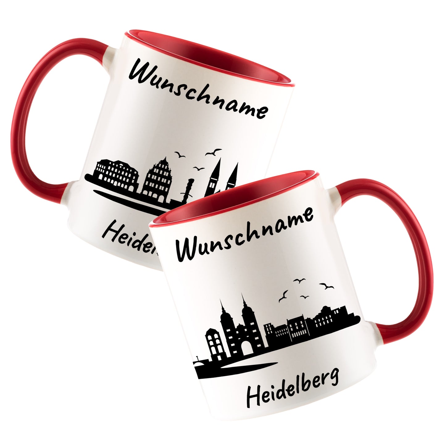 Tasse in Rot 330ml bedruckt mit der Skyline von Heidelberg personalisierbar mit Wunschname