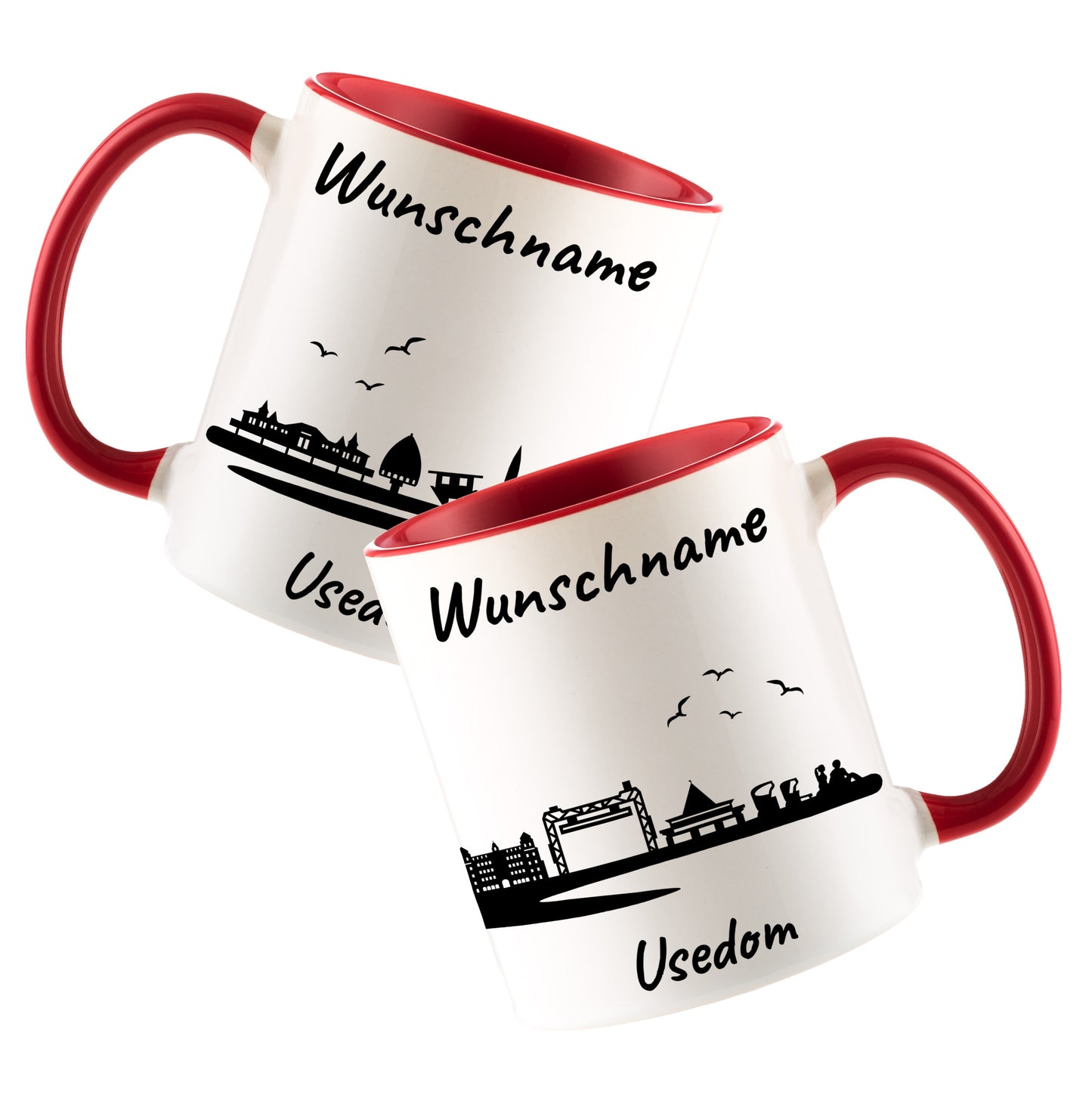 Tasse in Rot 330ml bedruckt mit der Skyline von Usedom personalisierbar mit Wunschname
