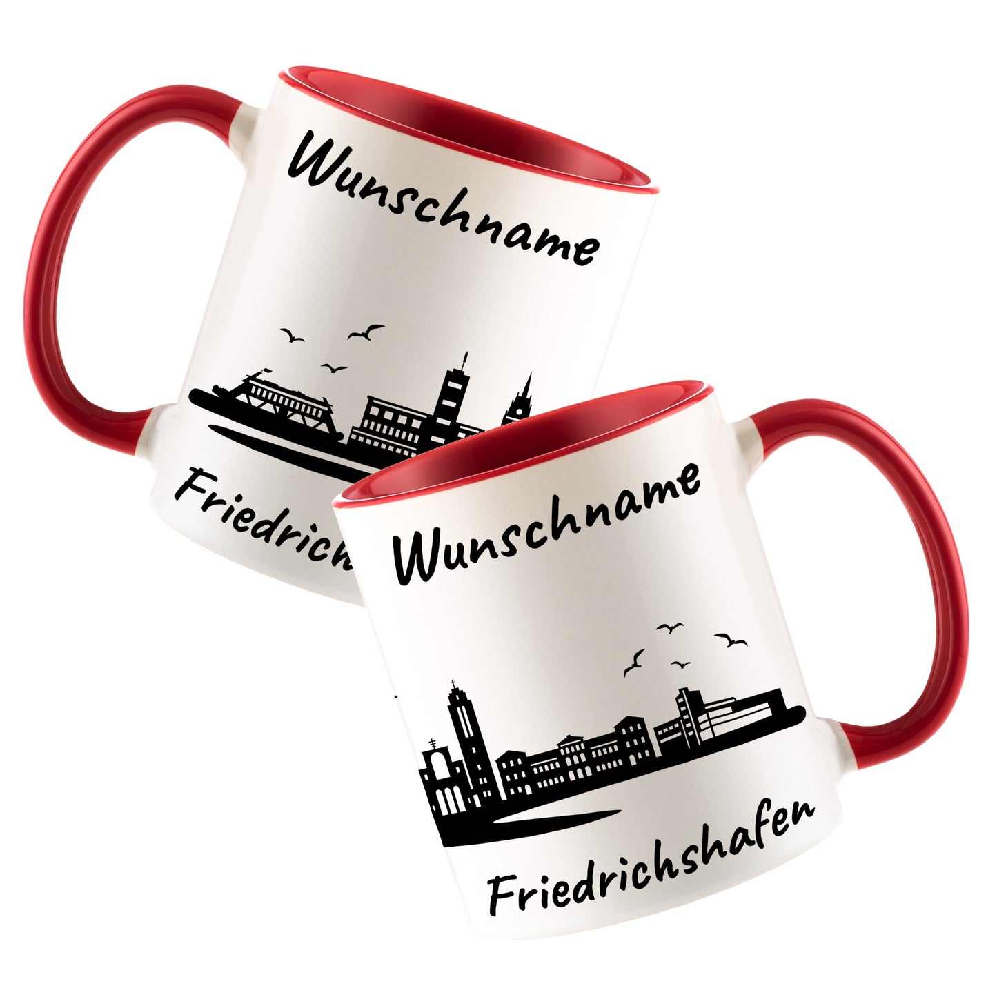 Tasse in Rot 330ml bedruckt mit der Skyline von Friedrichshafen personalisierbar mit Wunschname