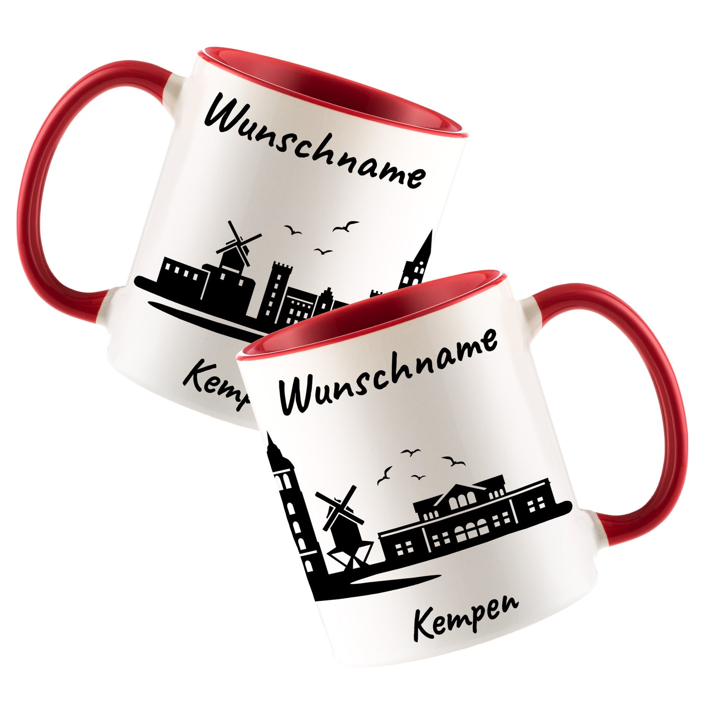 Tasse in Rot 330ml bedruckt mit der Skyline von Kempen personalisierbar mit Wunschname