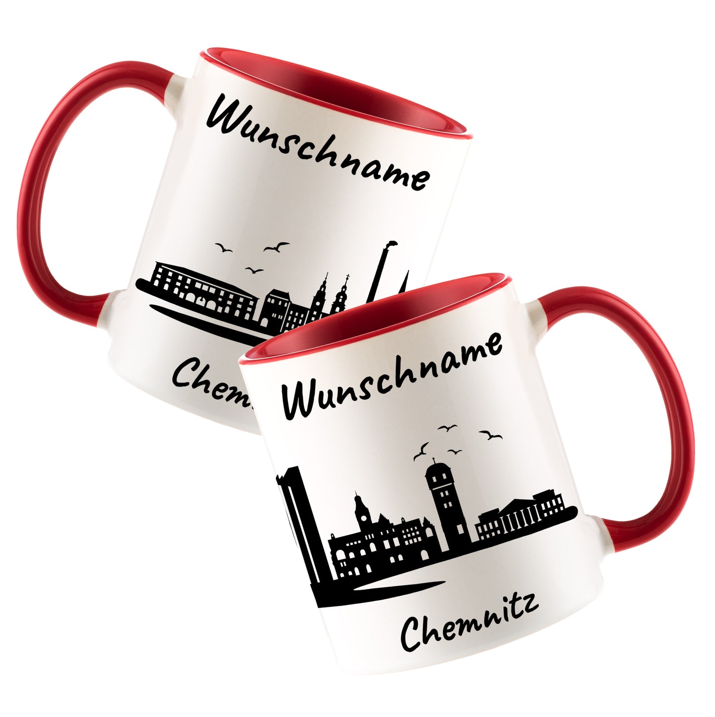 Tasse in Rot 330ml bedruckt mit der Skyline von Chemnitz personalisierbar mit Wunschname