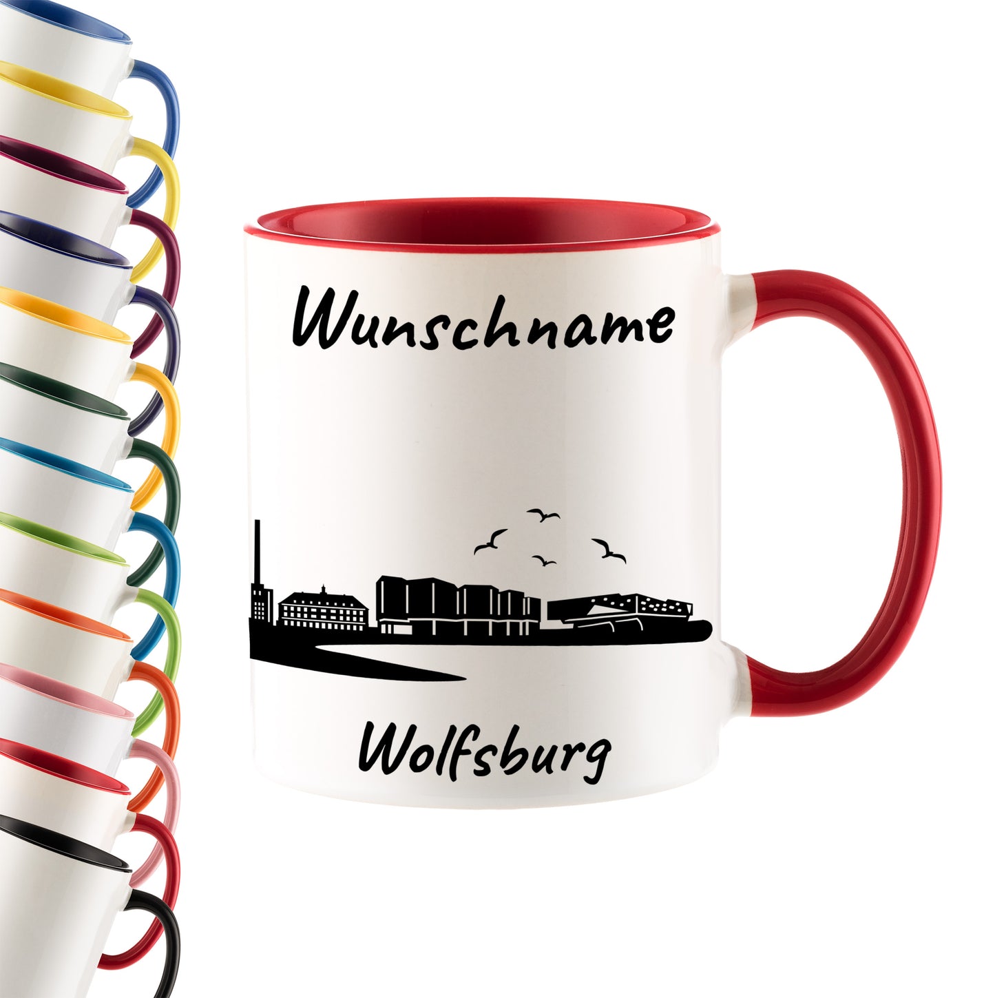 Tasse in Rot 330ml bedruckt mit der Skyline von Wolfsburg personalisierbar mit Wunschname