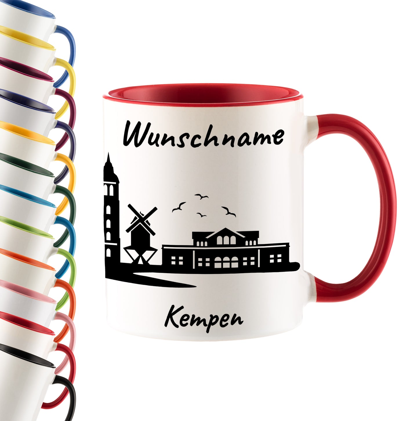 Tasse in Rot 330ml bedruckt mit der Skyline von Kempen personalisierbar mit Wunschname