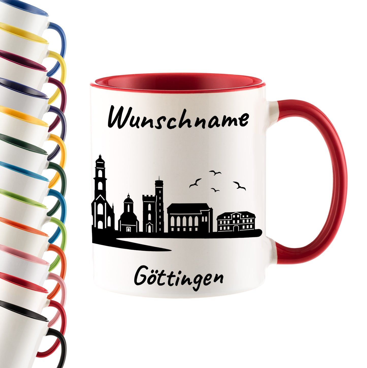 Tasse in Rot 330ml bedruckt mit der Skyline von Göttingen personalisierbar mit Wunschname