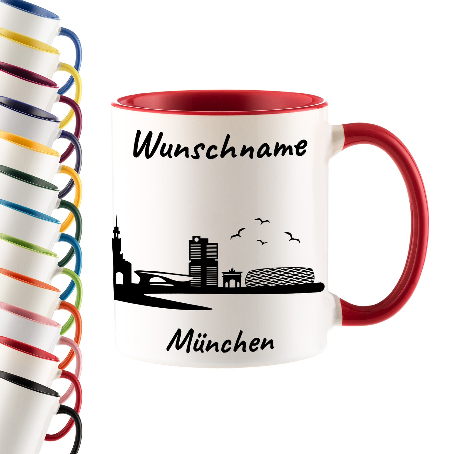 Tasse in Rot 330ml bedruckt mit der Skyline von München personalisierbar mit Wunschname