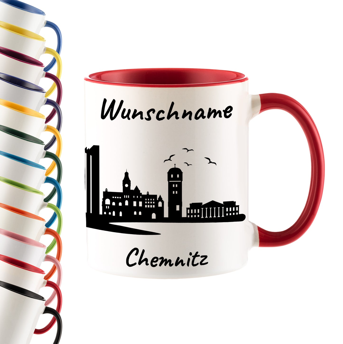 Tasse in Rot 330ml bedruckt mit der Skyline von Chemnitz personalisierbar mit Wunschname