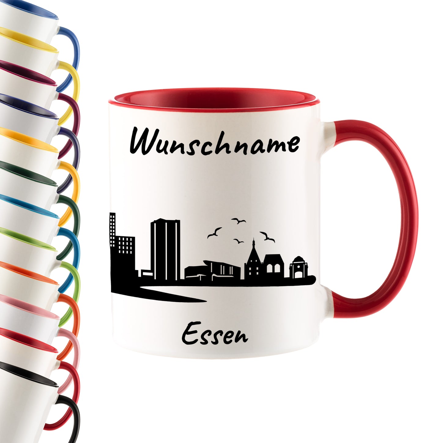 Tasse in Rot 330ml bedruckt mit der Skyline von Essen personalisierbar mit Wunschname