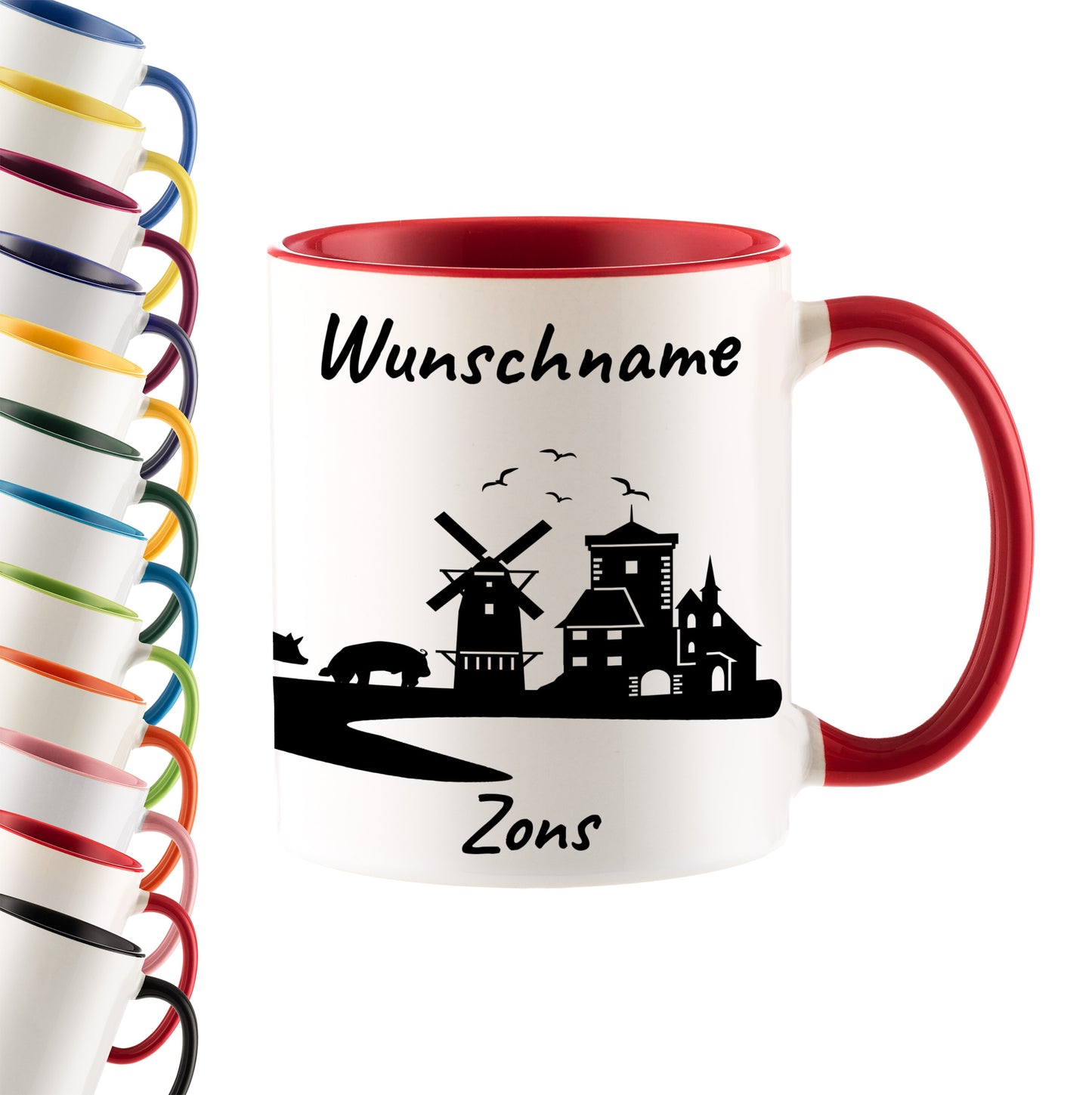 Tasse in Rot 330ml bedruckt mit der Skyline von Zons (Dormagen) personalisierbar mit Wunschname