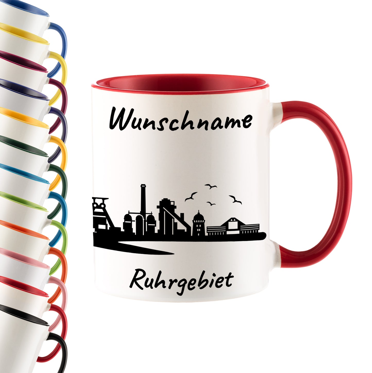 Tasse in Rot 330ml bedruckt mit der Skyline von Ruhrgebiet personalisierbar mit Wunschname