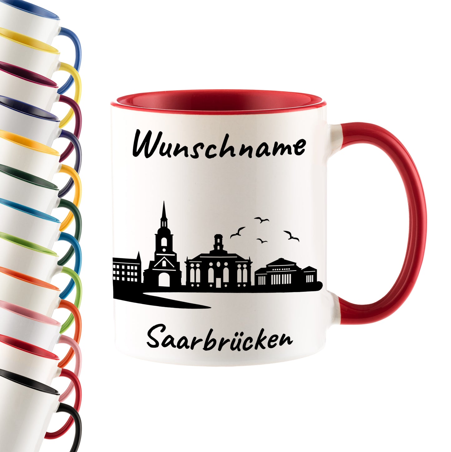 Tasse in Rot 330ml bedruckt mit der Skyline von Saarbrücken personalisierbar mit Wunschname
