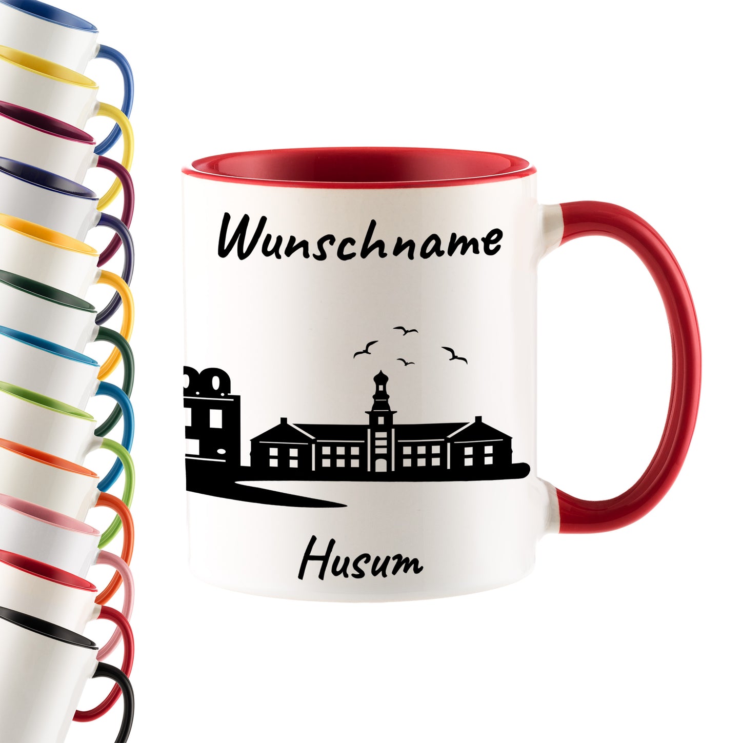 Tasse in Rot 330ml bedruckt mit der Skyline von Husum personalisierbar mit Wunschname