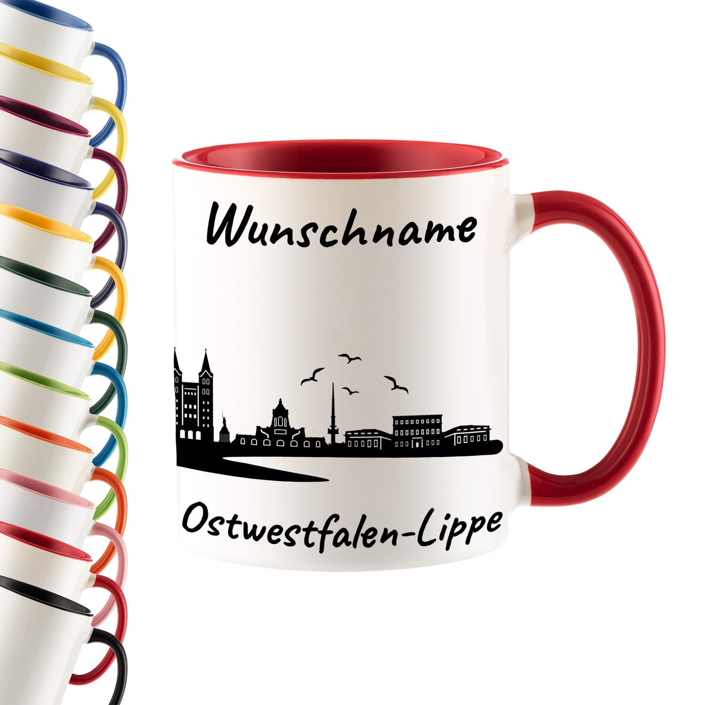 Tasse in Rot 330ml bedruckt mit der Skyline von Ostwestfalen-Lippe personalisierbar mit Wunschname