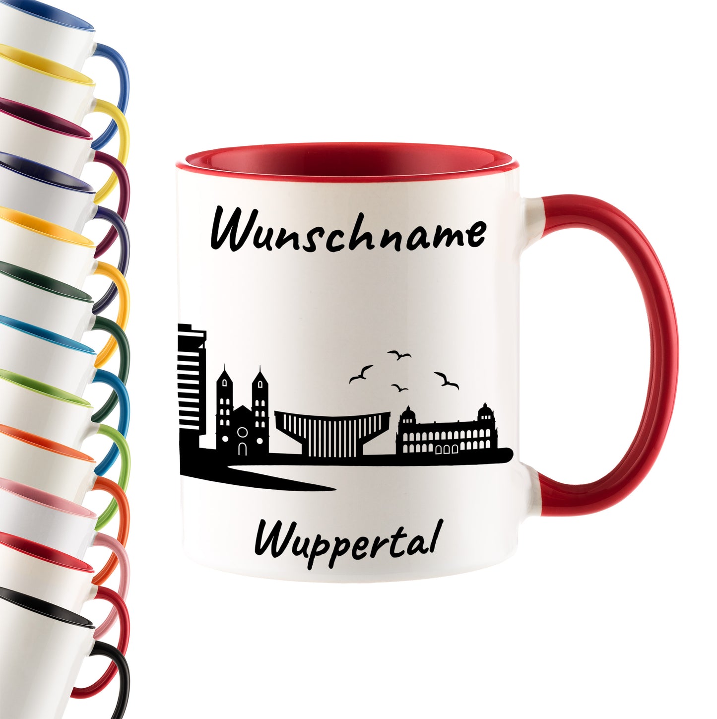 Tasse in Rot 330ml bedruckt mit der Skyline von Wuppertal personalisierbar mit Wunschname