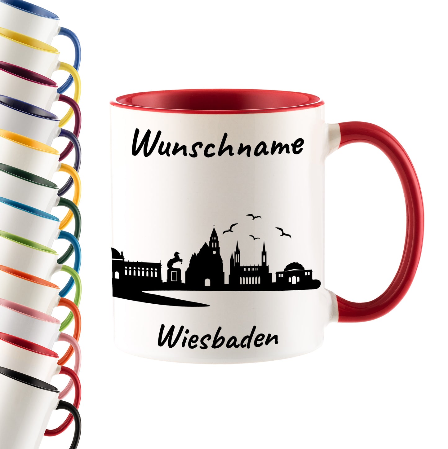 Tasse in Rot 330ml bedruckt mit der Skyline von Wiesbaden personalisierbar mit Wunschname