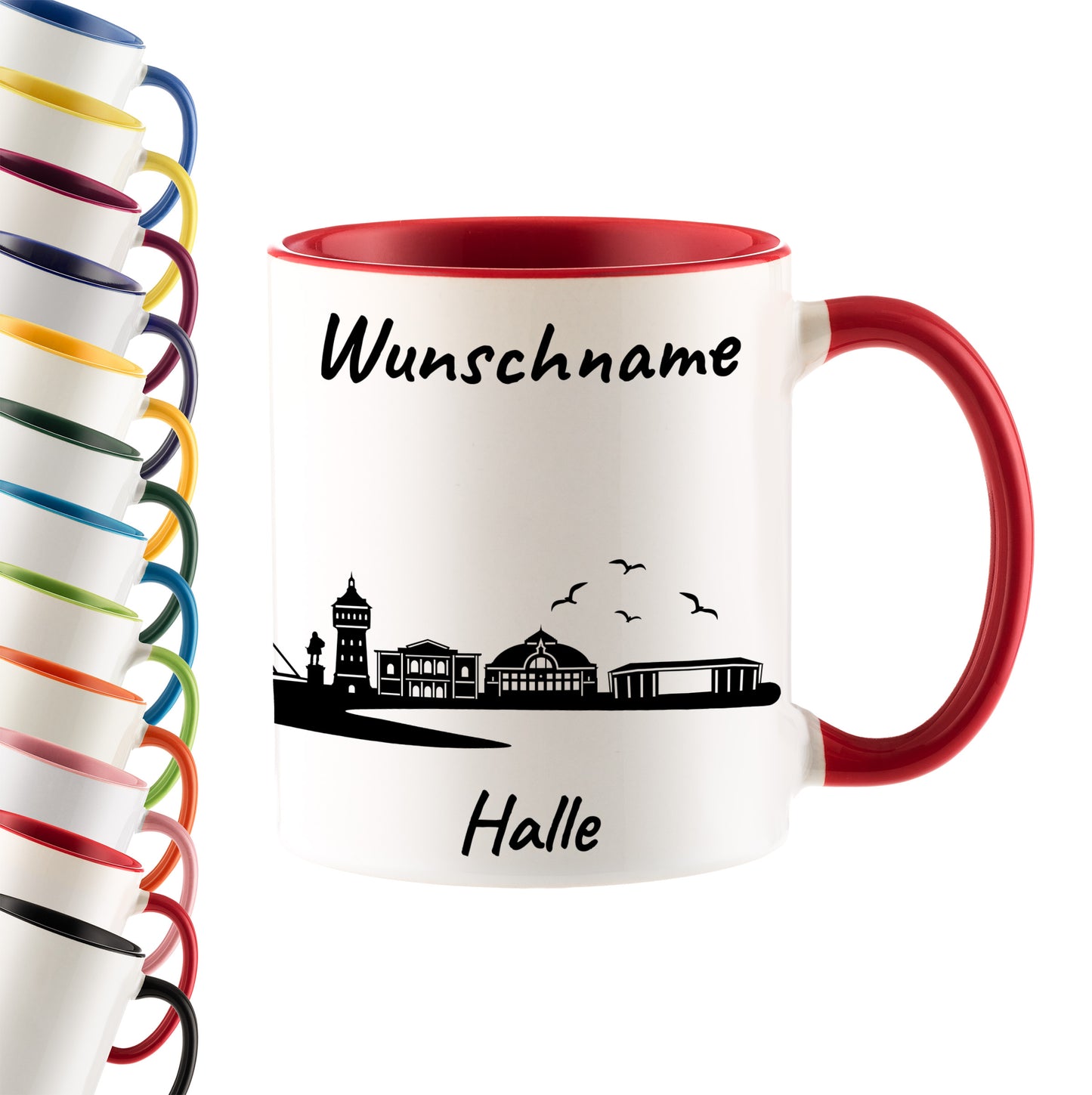 Tasse in Rot 330ml bedruckt mit der Skyline von Halle personalisierbar mit Wunschname