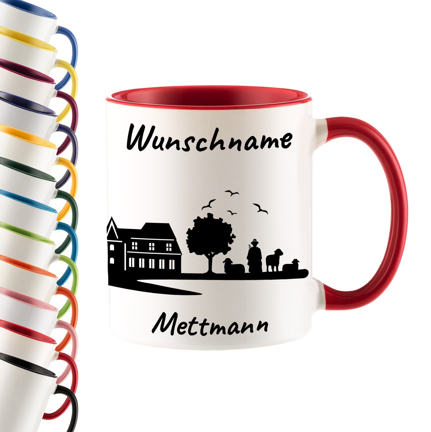 Tasse in Rot 330ml bedruckt mit der Skyline von Mettmann personalisierbar mit Wunschname