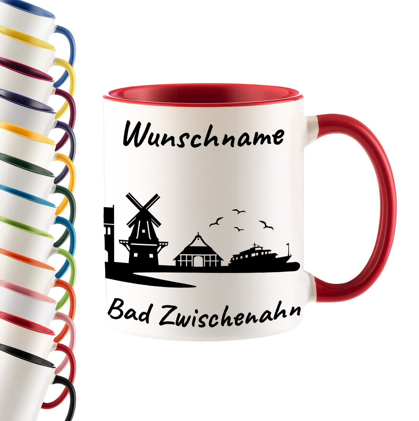 Tasse in Rot 330ml bedruckt mit der Skyline von Bad Zwischenahn personalisierbar mit Wunschname