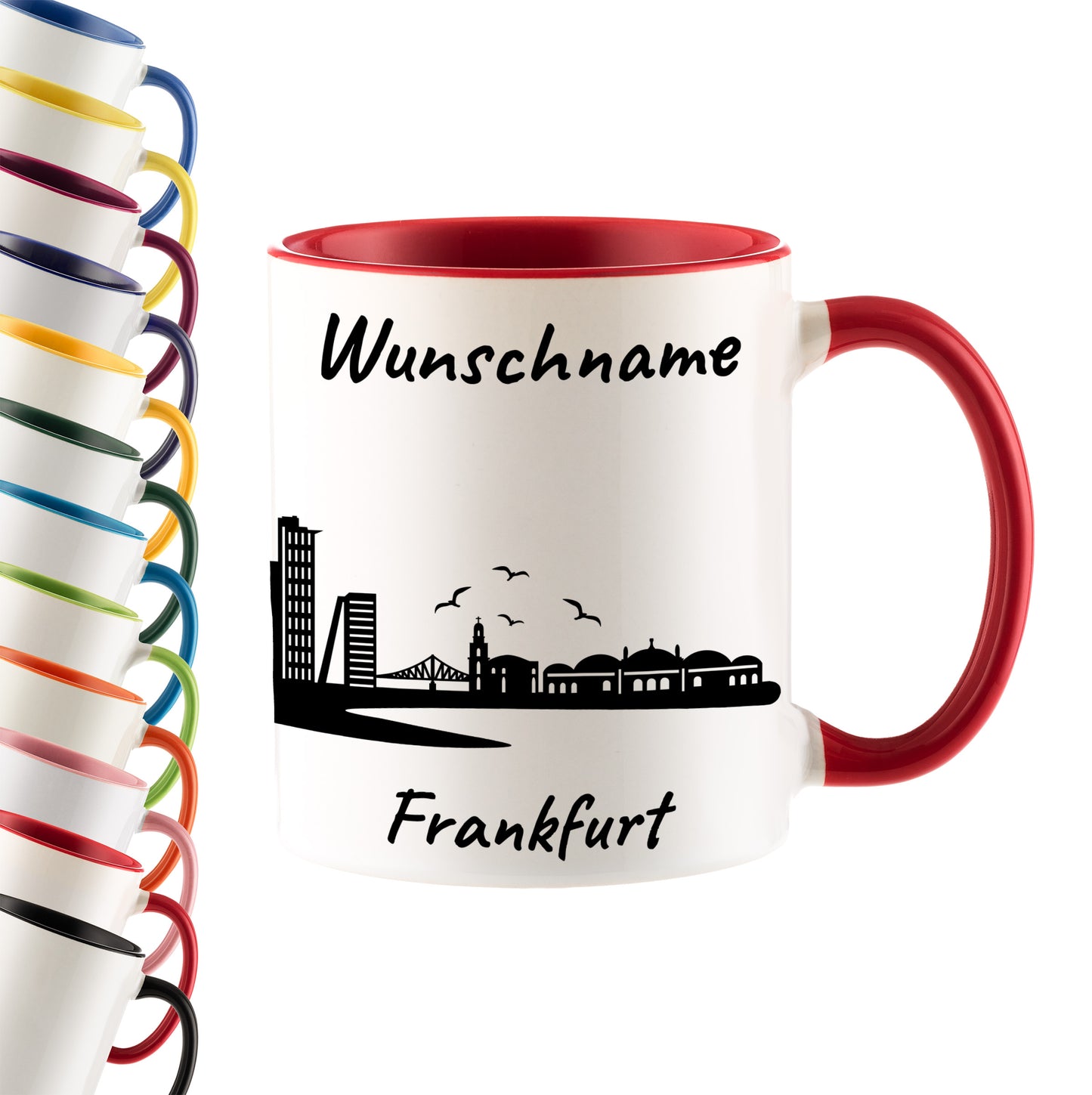 Tasse in Rot 330ml bedruckt mit der Skyline von Frankfurt personalisierbar mit Wunschname