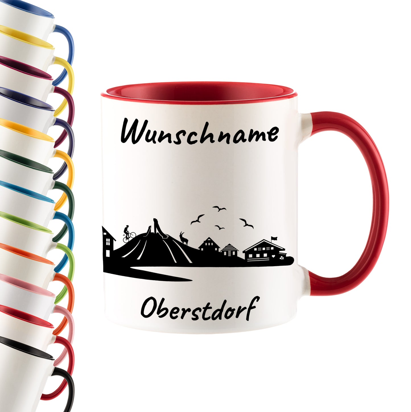 Tasse in Rot 330ml bedruckt mit der Skyline von Oberstdorf personalisierbar mit Wunschname