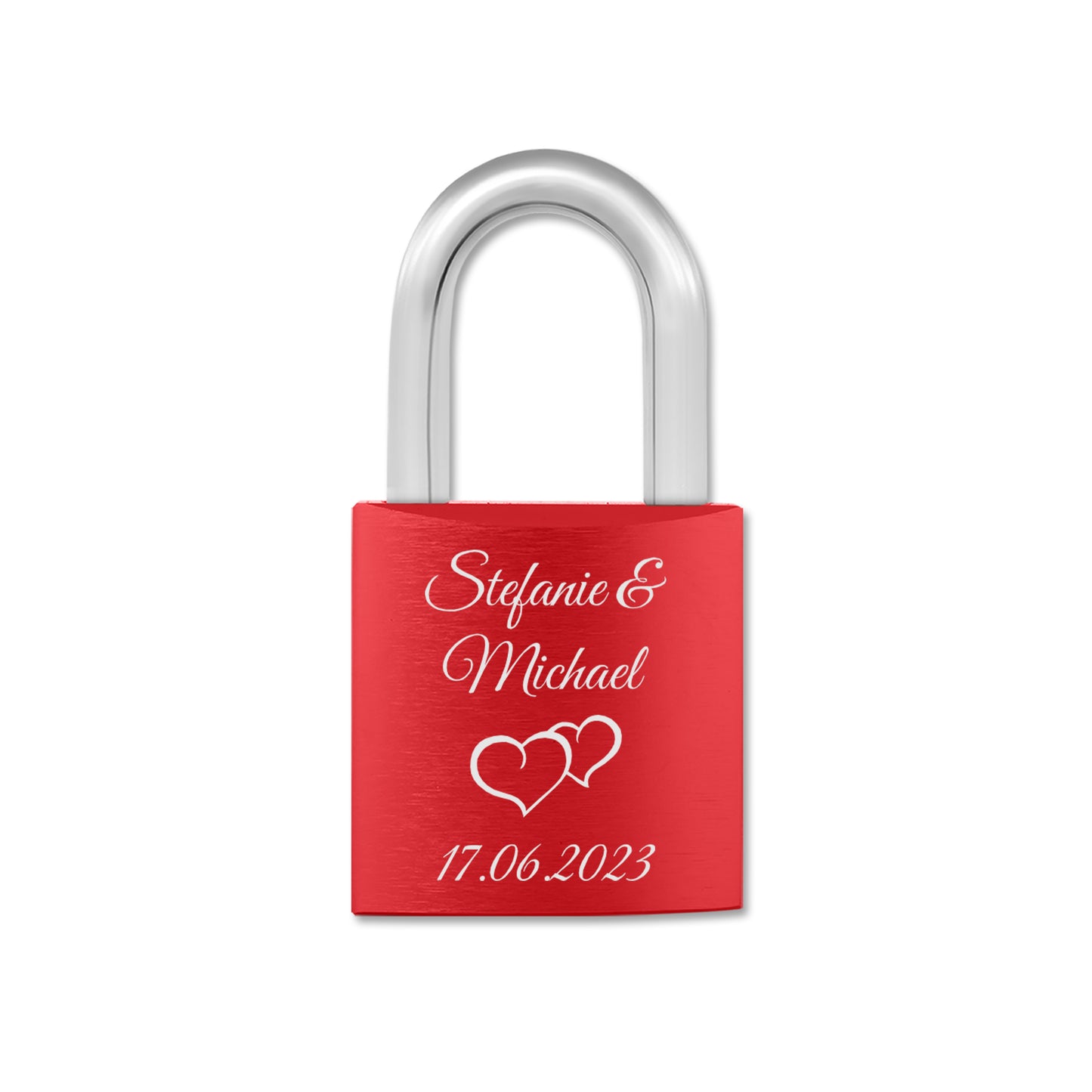 Liebesschloss in Rot mit Gravur "Doppelherz" personalisiert mit Wunschnamen in 6 ver. Farben