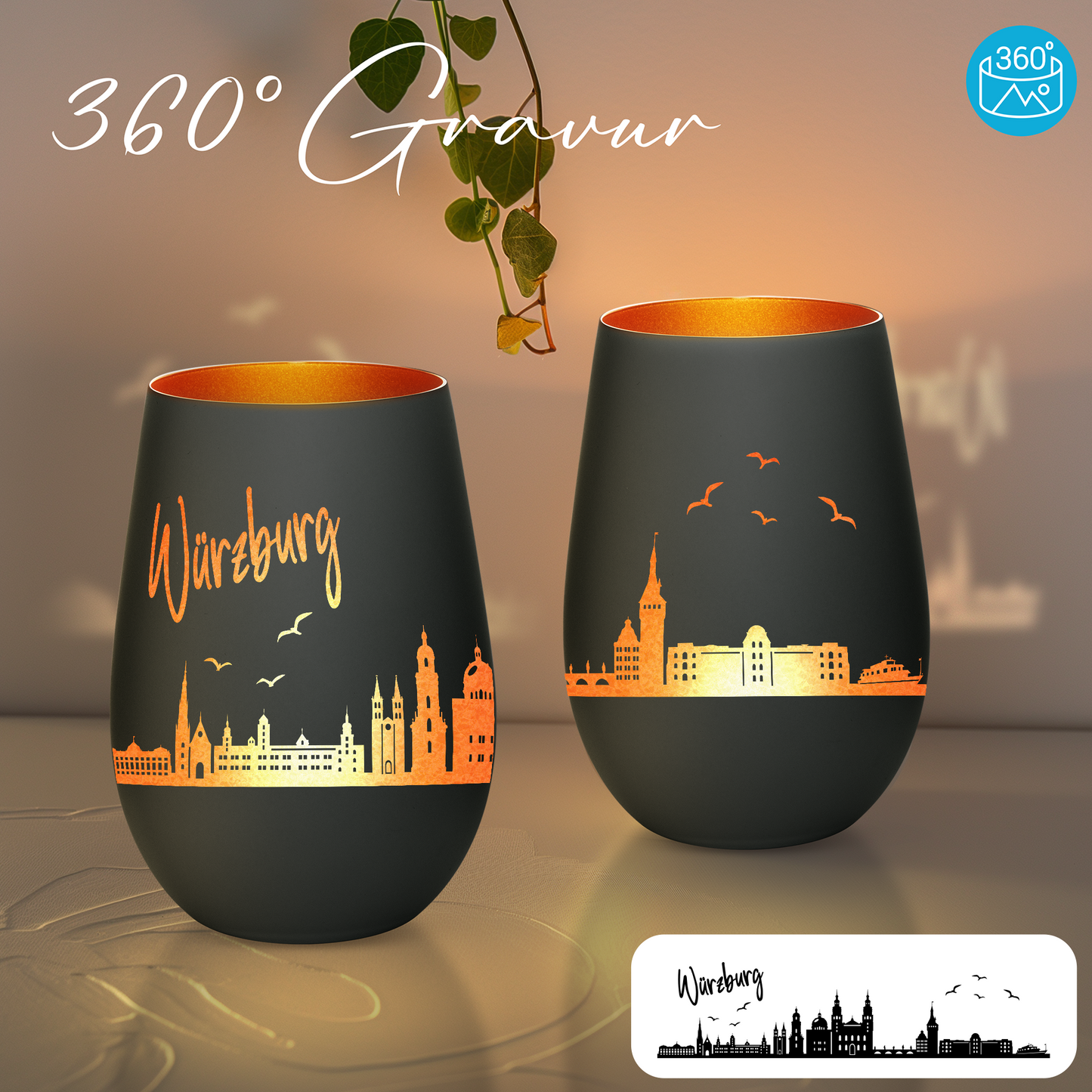 Hochwertiges Glas Windlicht mit Gravur "SKYLINE WÜRZBURG" in der Farbe Schwarz/Bronze