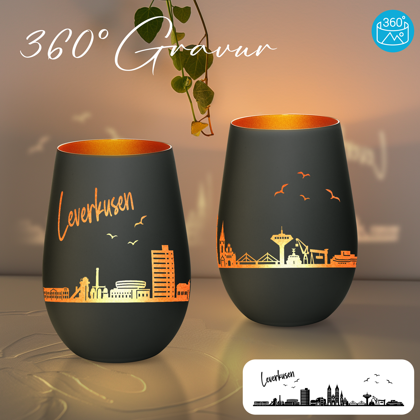Hochwertiges Glas Windlicht mit Gravur "SKYLINE LEVERKUSEN" in der Farbe Schwarz/Bronze