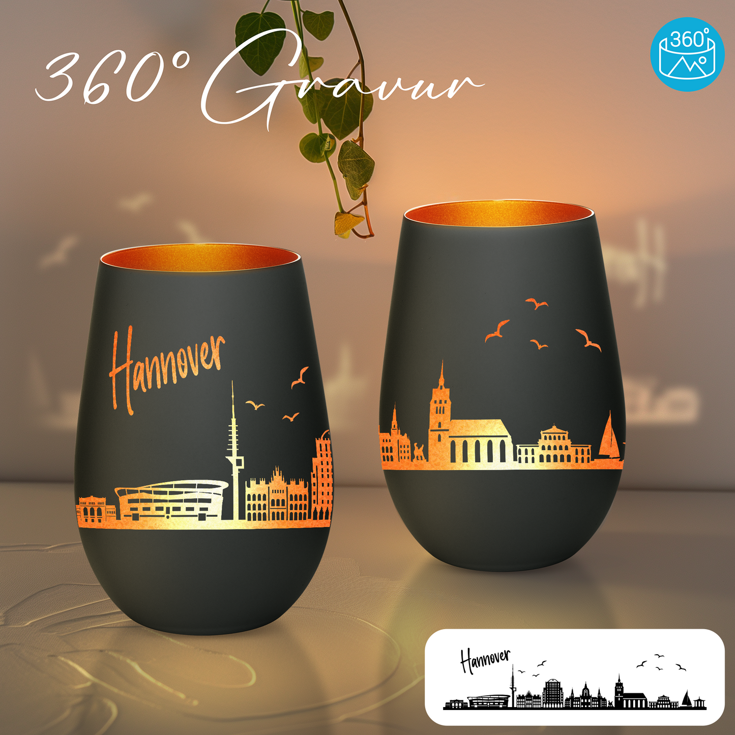Hochwertiges Glas Windlicht mit Gravur "SKYLINE HANNOVER" in der Farbe Schwarz/Bronze